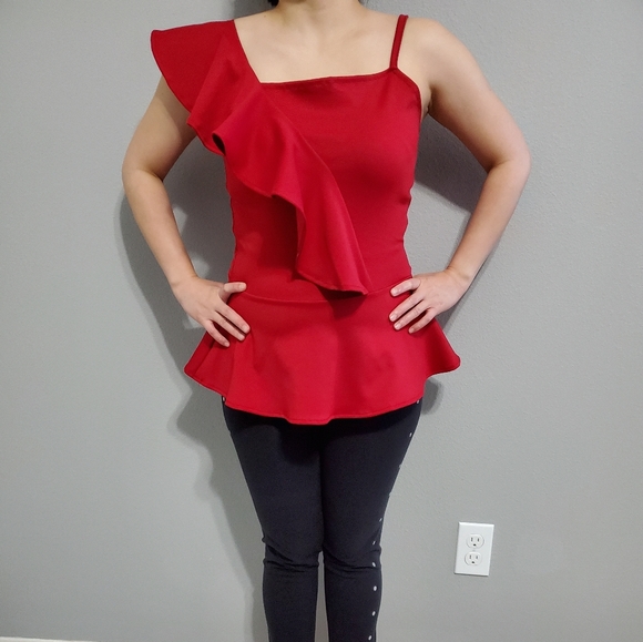 Red Peplum One Side Ruffle Top  ♥️ - Picture 5 of 5